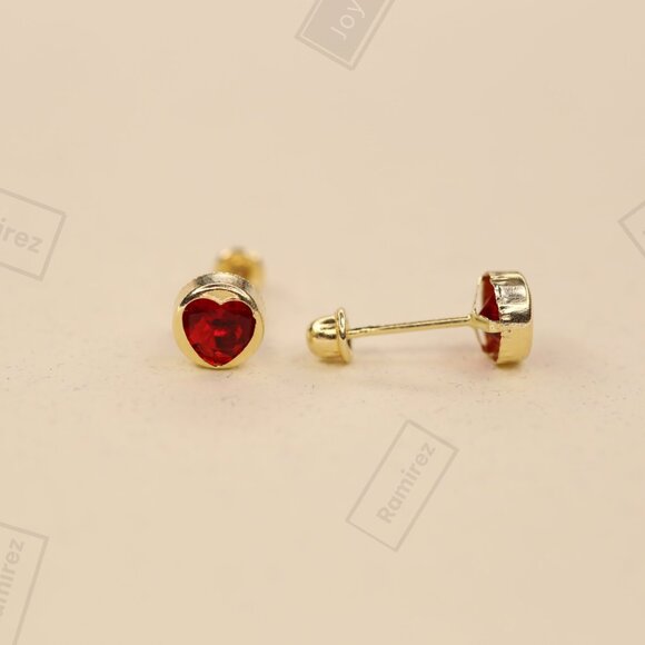 Elegant 14K Solid Gold Heart Earrings with Red Zirconia • 5mm Round Silhouette. - Picture 3 of 7